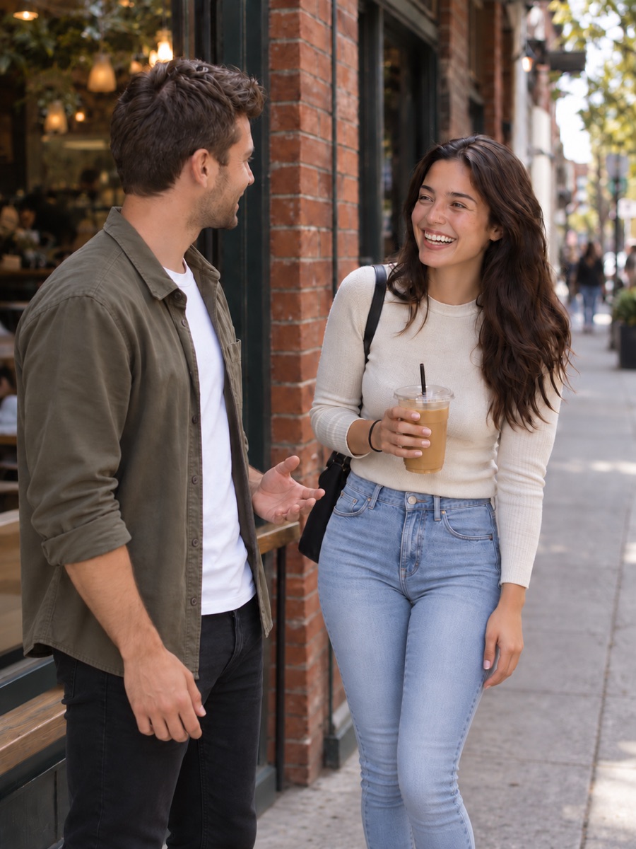 A man and a woman laughing together outside a coffee shop