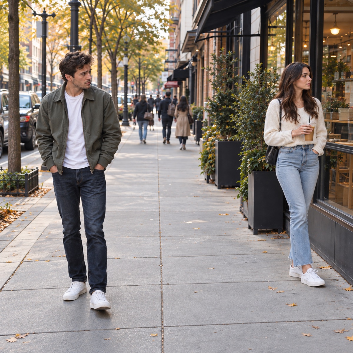 A man glancing over at a woman outside a coffee shop as he walks past her